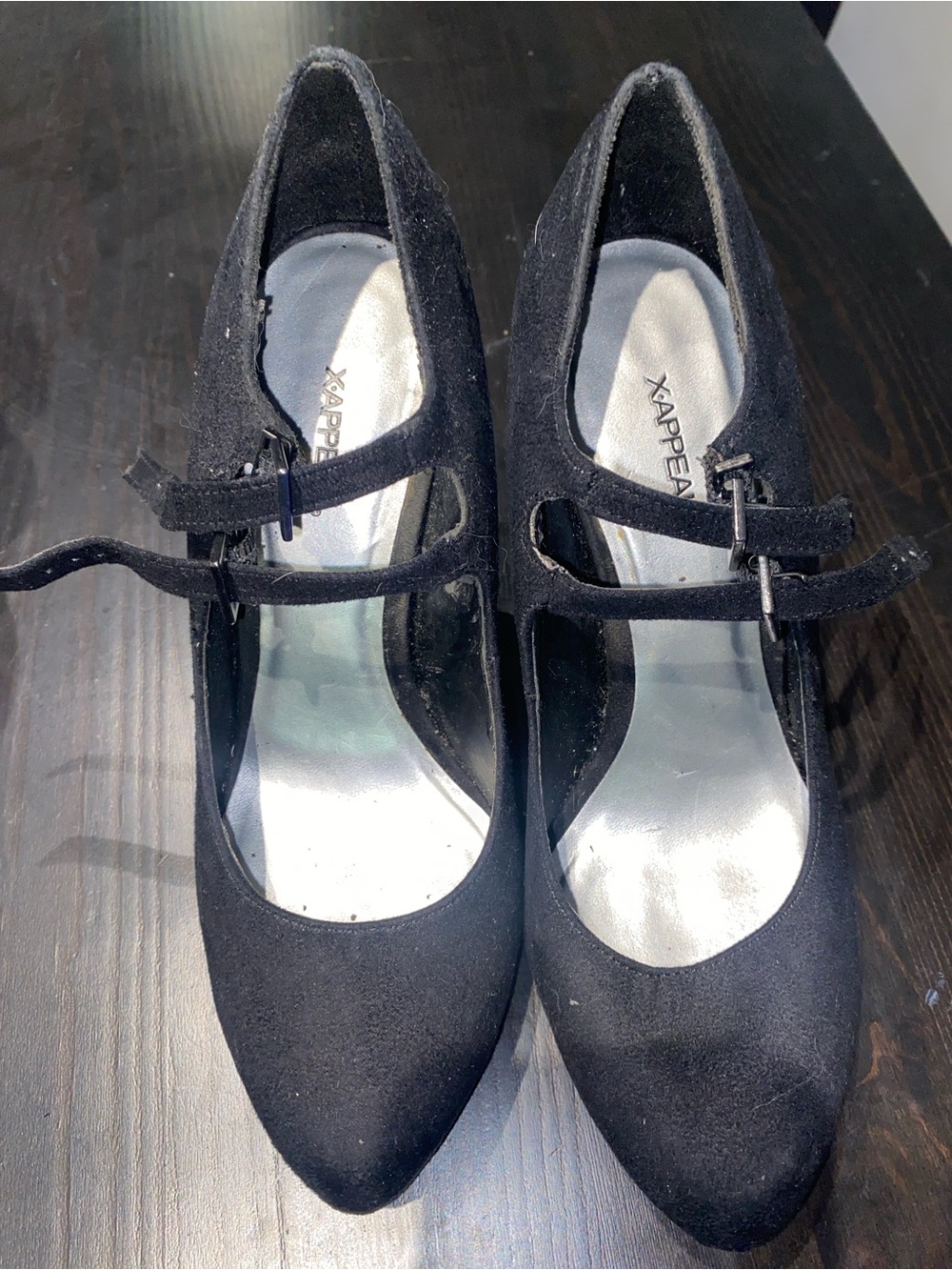 Xappeal Black Double-Strap Pointed Mary Jane Pumps